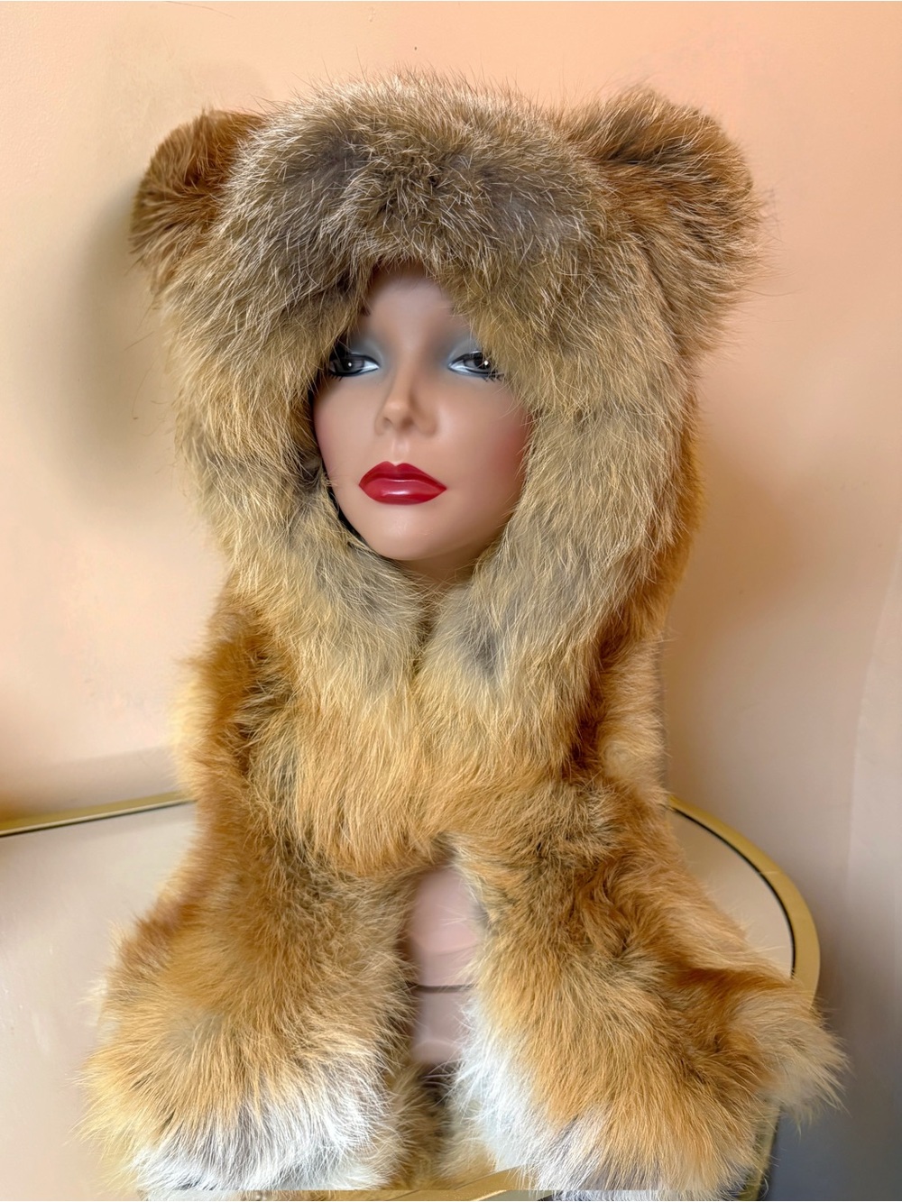 Vintage Russian Golden island fox fur teddy bear fur hoodie hat ski